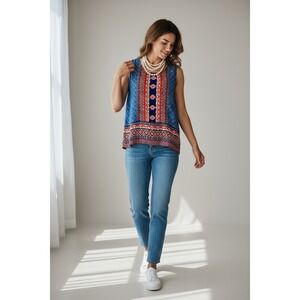 Anne Carson Large Boho Sleeveless Tank Blue Orange Floral Full Button Back Top